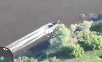 A boat with Russian attack aircraft moves at full speed on the water and after an explosion flies to pieces