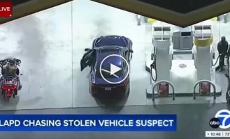 A car thief in the US calmly drove into a gas station and filled up with gas during a chase