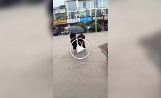 В Китае люди ловят рыбу на улицах после тайфуна