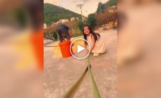 A grandfather delighted his granddaughter by making a bamboo selfie stick for her