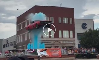 Stuntman jumped over a fountain in a car