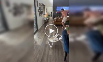 Мужчина гоняется за гигантским пауком, а жена не может перестать смеяться