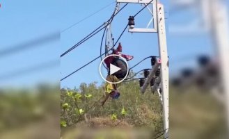 An extreme sports enthusiast lost control of his paraglider and got caught on a power pole