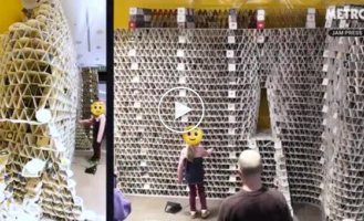 Девочка разрушила конструкцию, сделанную из подставок для пива