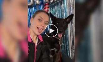 A girl imitates her dog