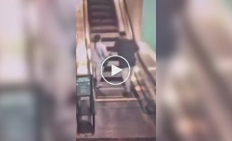 A couple's adventure on an escalator