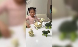This talented girl makes animal figures from fruits, vegetables and other products
