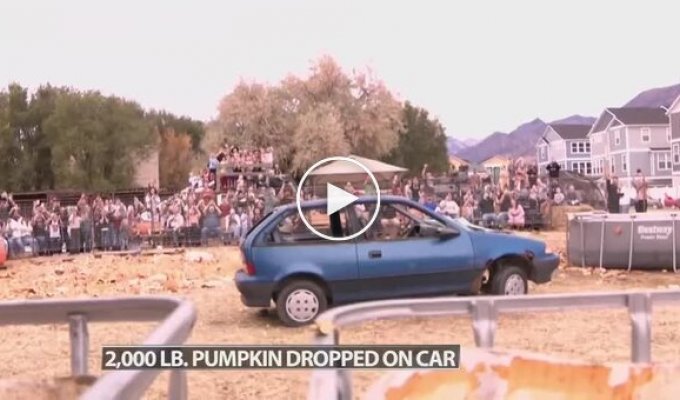 An American smashed a giant pumpkin against an old car