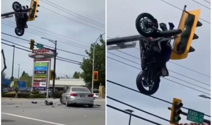How did a motorcycle end up at a traffic light? (4 photos + 3 videos)