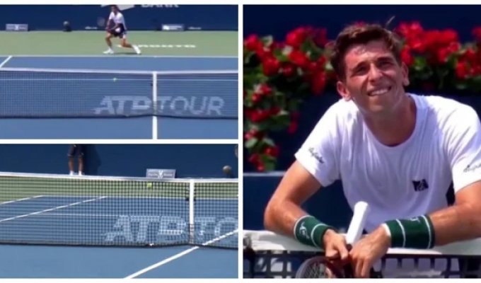 A tennis player hit a ball through the net during a match (2 photos + 1 video)