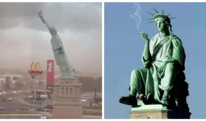 Wind knocked down a replica of the Statue of Liberty (2 photos + 1 video)
