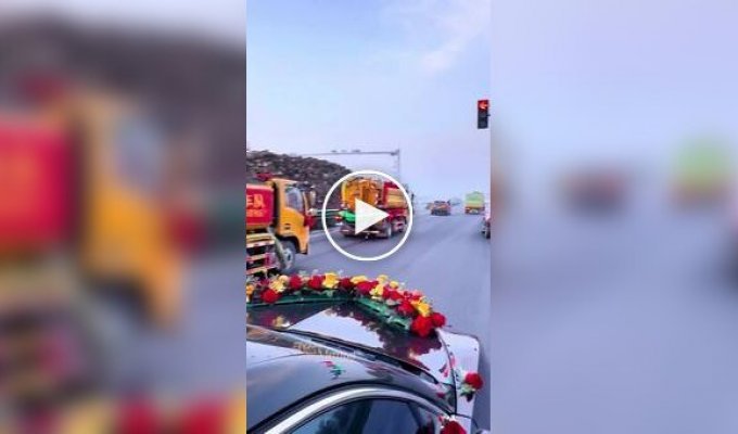 The groom arrived to pick up the bride in a motorcade of sewage trucks