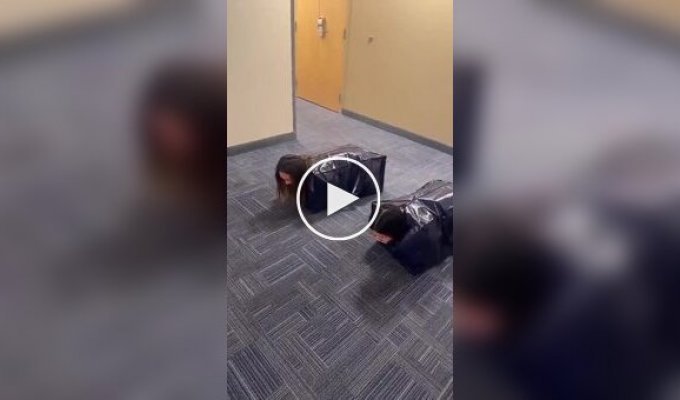 Students climbed into sacks and staged an unusual race