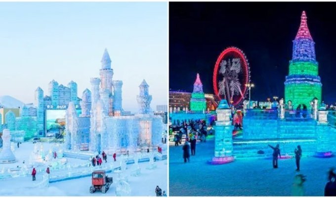 Crystal metropolis on the Sungari: How Chinese craftsmen turned 400,000 tons of ice into a miracle (5 photos + 4 videos)
