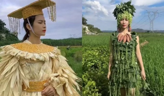 A Chinese woman creates dresses from peanuts and corn (3 photos + 1 video)
