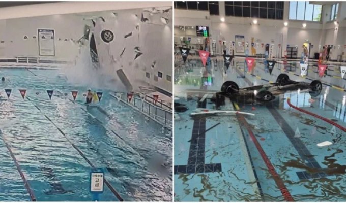 In South Korea, an elderly woman crashed through the wall of a sports complex and flew into a swimming pool (3 photos + 1 video)